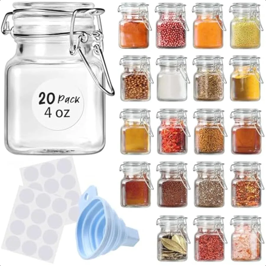 

Spice Jars 20 Pack Small 4 oz Glass Jars with Airtight Hinged Lids Spice Herb Jars with Labels and Silicone Funnels 4oz Glass J