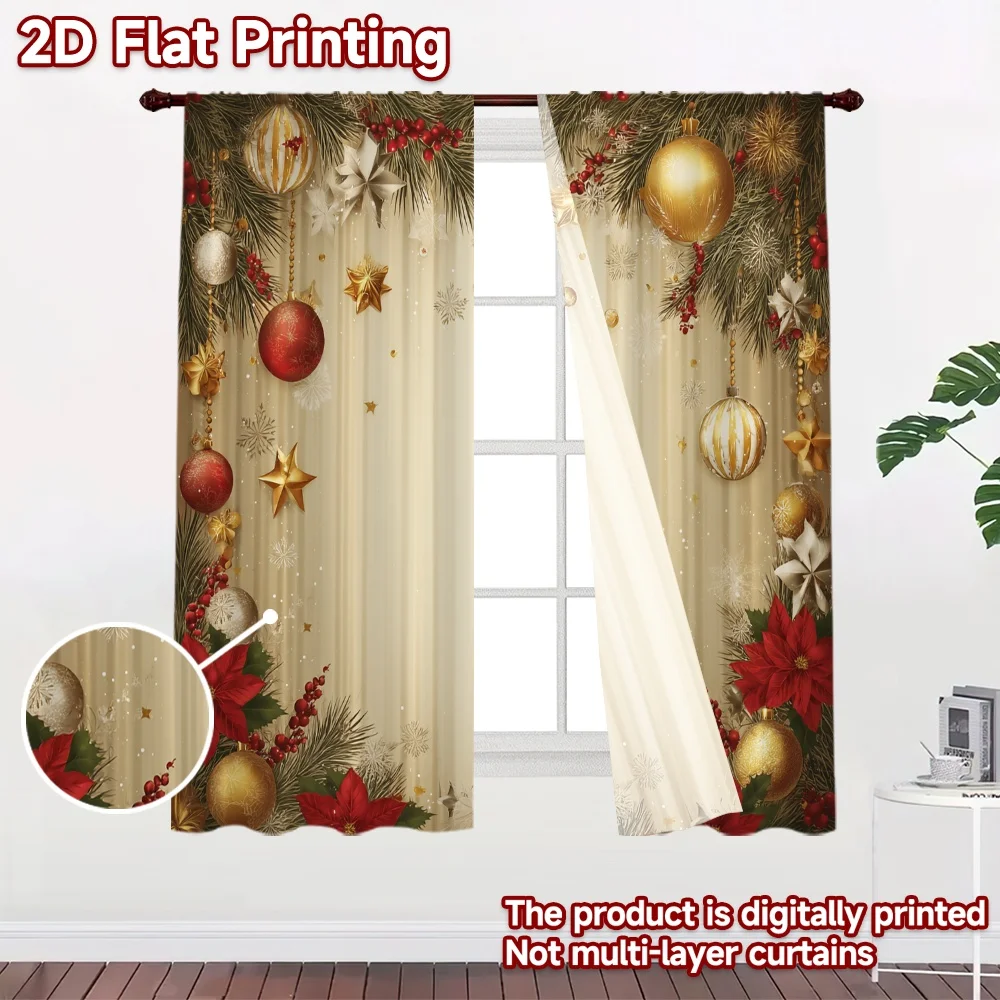 2D flat 2pcs Curtain Retro Country Style Christmas Gold Ornament Durable polyester fiber Birthday Party Perfect for Bedroom