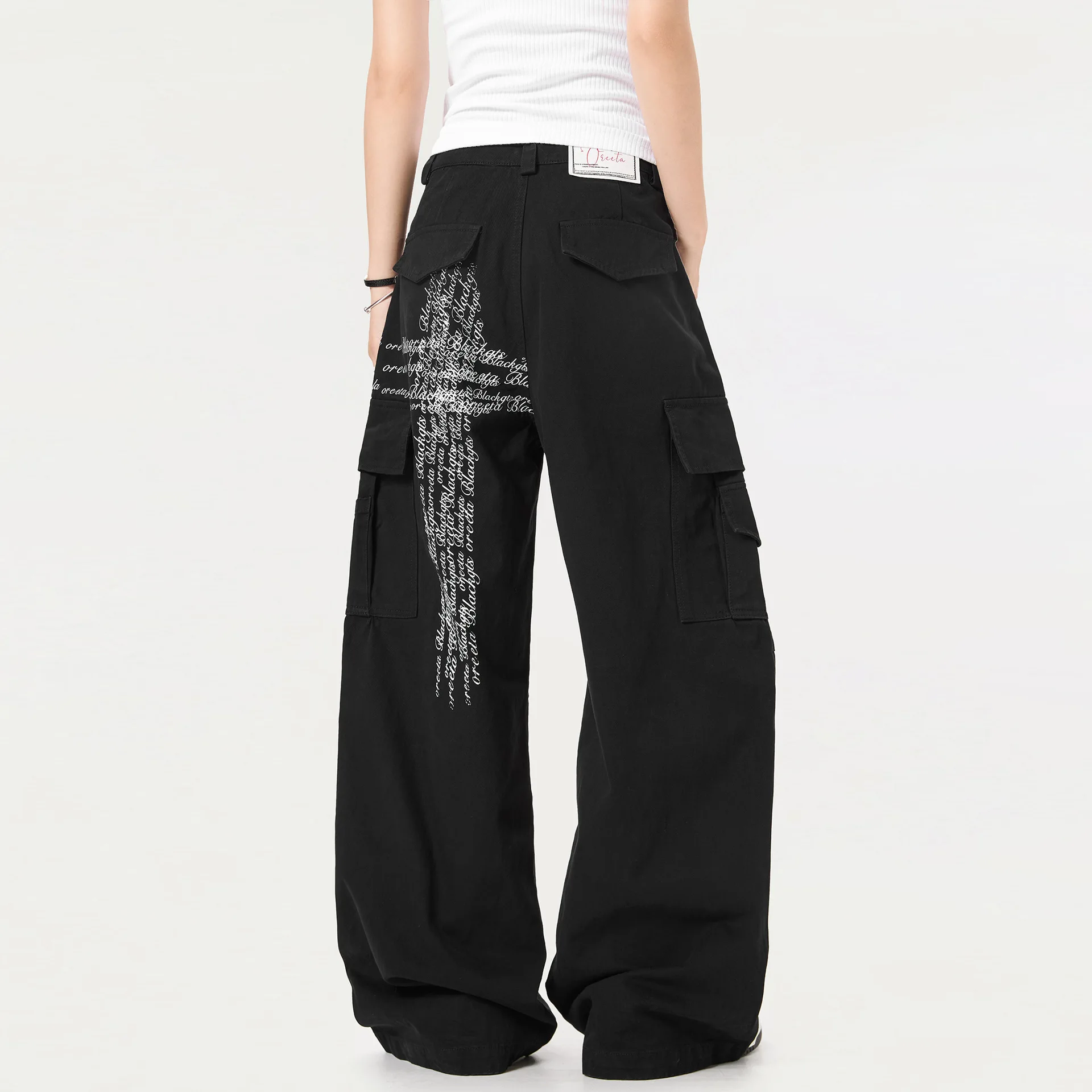 OR FL American Street Style Letter Print 100 Cotton Women Cargo Trousers Retro Pleats Staraight Slacks Women's Wide Leg Pants
