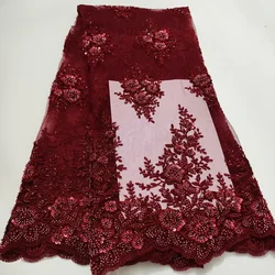 2023 Luxury Wine French Tulle Lace Fabric With Sequins Beaded Embroidery African Nigerian Lace Fabric For Dress Sewing KWH23107A