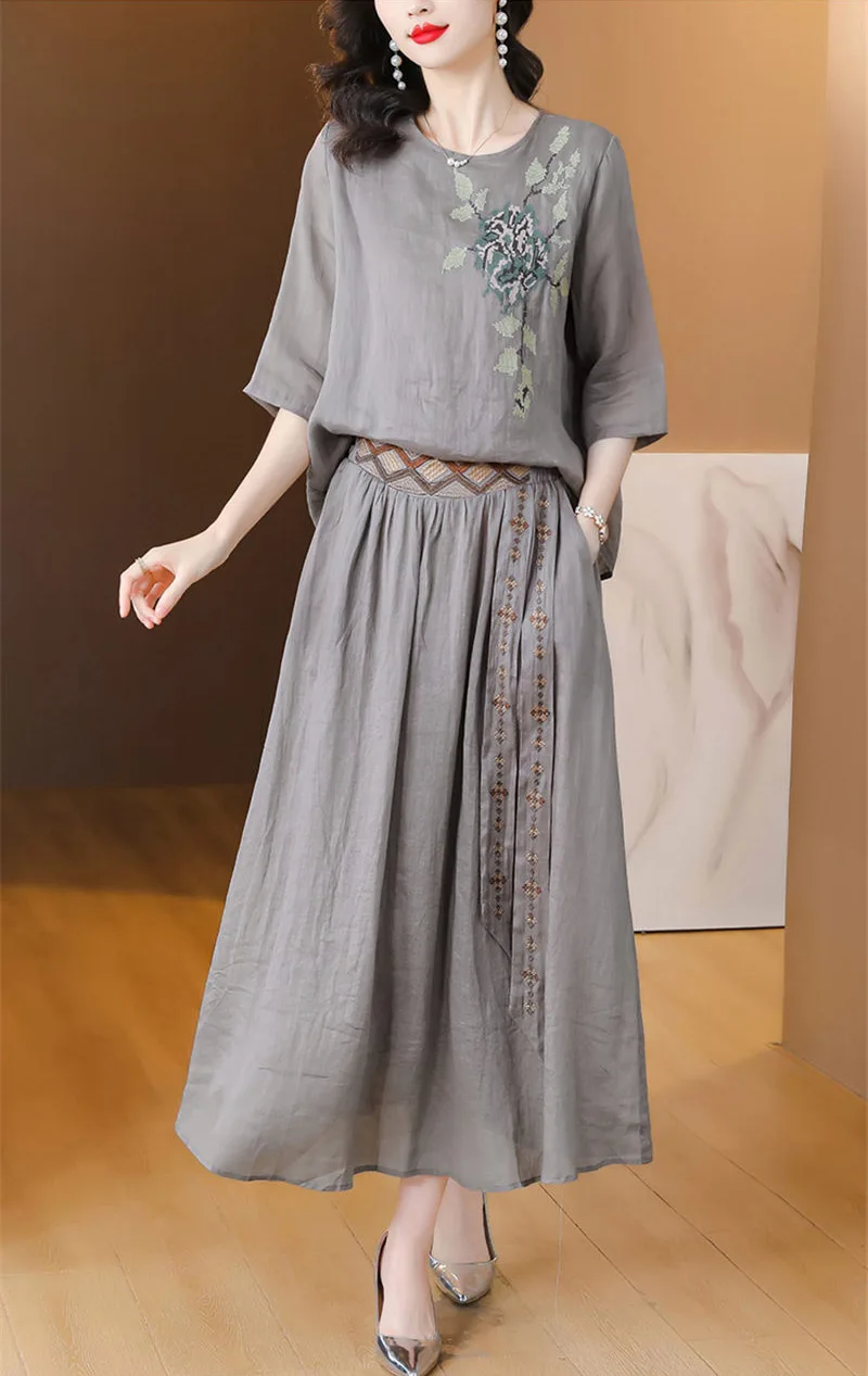 Chinese Embroidery Ramie Top Two Piece Set Summer Outfits For Women 2023 Elegant Literature Art Cotton Linen Skirt Suit C057