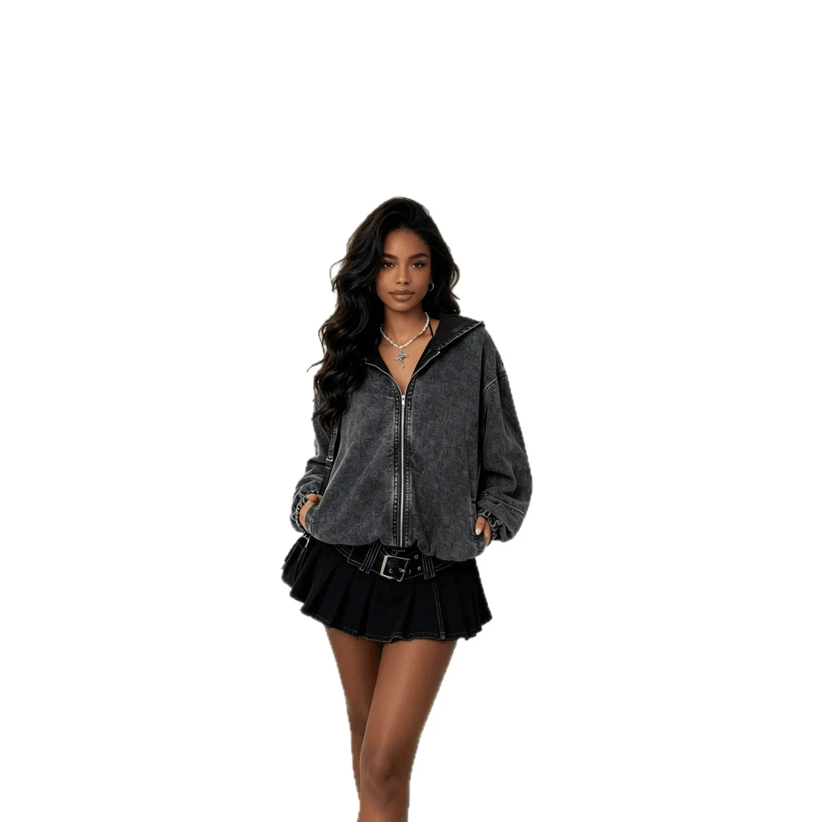 Hooded Long Sleeve Jacket Regular Length Streetwear with Zipper Closure Double Side Pockets Elegant Temperament Daily for Women