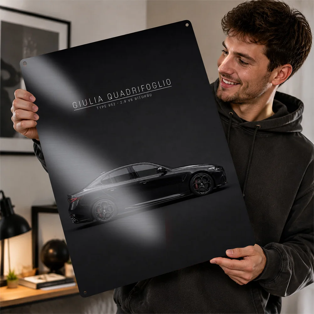Italy Giulia Quadrifoglio Nero Vulcano Minimal Side Profile Sports Sedan Printed Poster Customized Metal Sign Wall Art For A Den