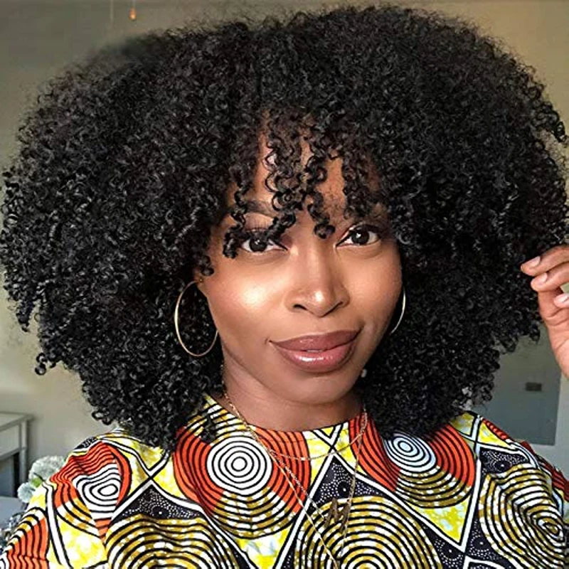 

Afro Kinky Curly Human Hair Wigs with Bangs Short Brazilian Remy Human Hair 200% Density Machine Made Glueless Wigs for Women