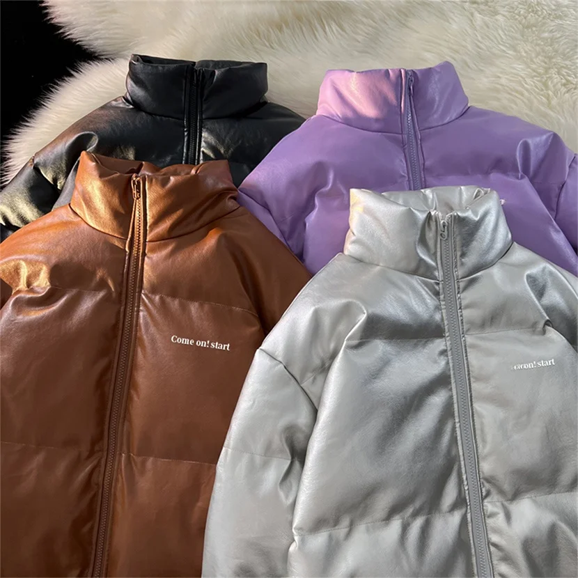 

Men's Thiened Winter Jaet Loose Fit Bread Sle Cotton Coat Warmth Resistant American Simple Pure Color Leather Outerwear