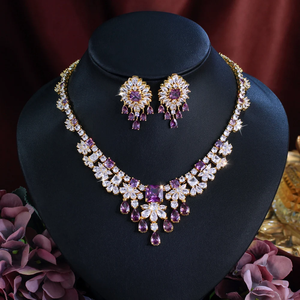 

CWWZircons Gorgeous Purple White CZ Zircon Gold Color Large Flower Earrings Necklace Jewelry Sets for Women Wedding Party T0973