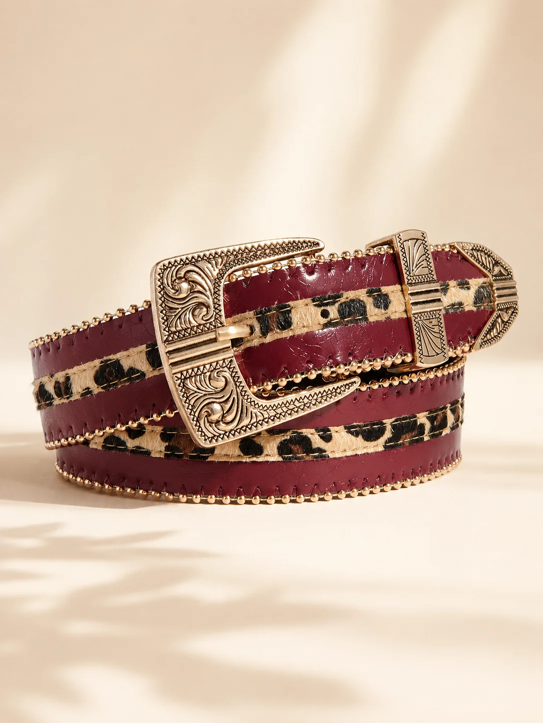 1pc Women Burgundy Leopard Western Belt PU Leather Cowgirl Waist Belt With Metal Buckle For Jeans Dress