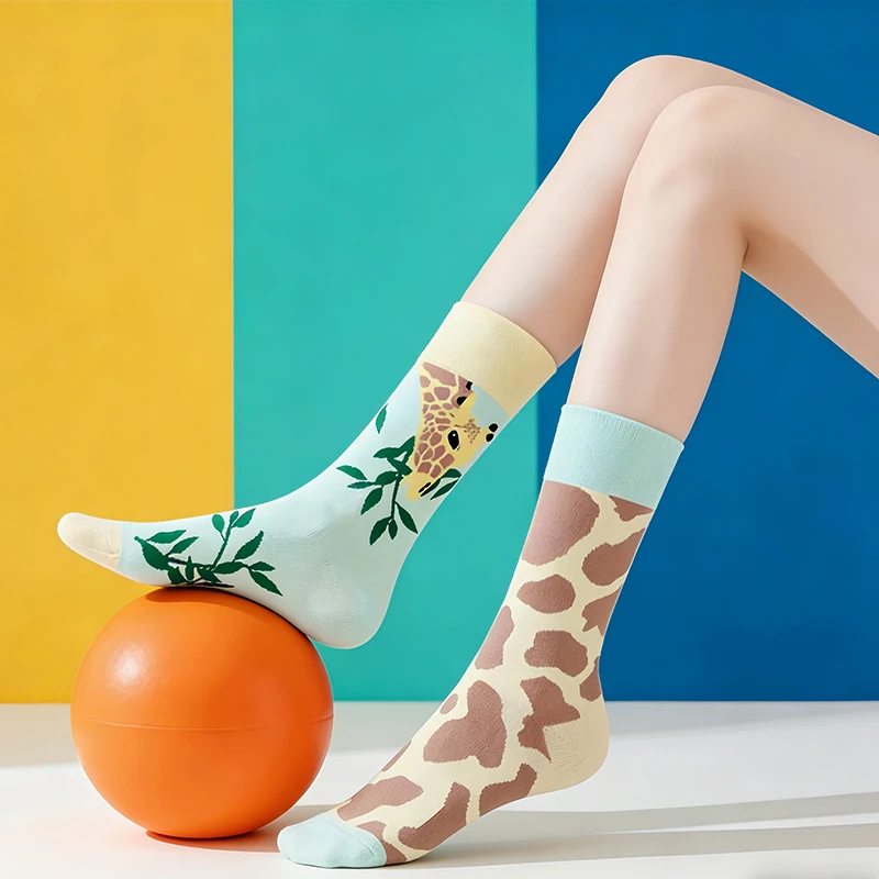 

1 пара асимметричных носков до середины икры с изображением жирафа, шикарные носки в женском стиле с принтом свежих листьев и животных