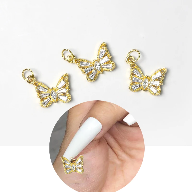 10Pcs Butterfly Nail Rhinestones Dangle Alloy 3D Gold&Silver Crystal Nail Piercing Dangle (12*15mm)Butterfly nail Piercing Decor