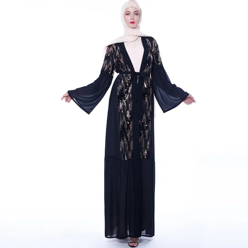 Muslim Dress Middle East Sequin Stitching Cardigan  Women Long Sleeve Chiffon  Open Dubai Abaya Turkey  Fashion