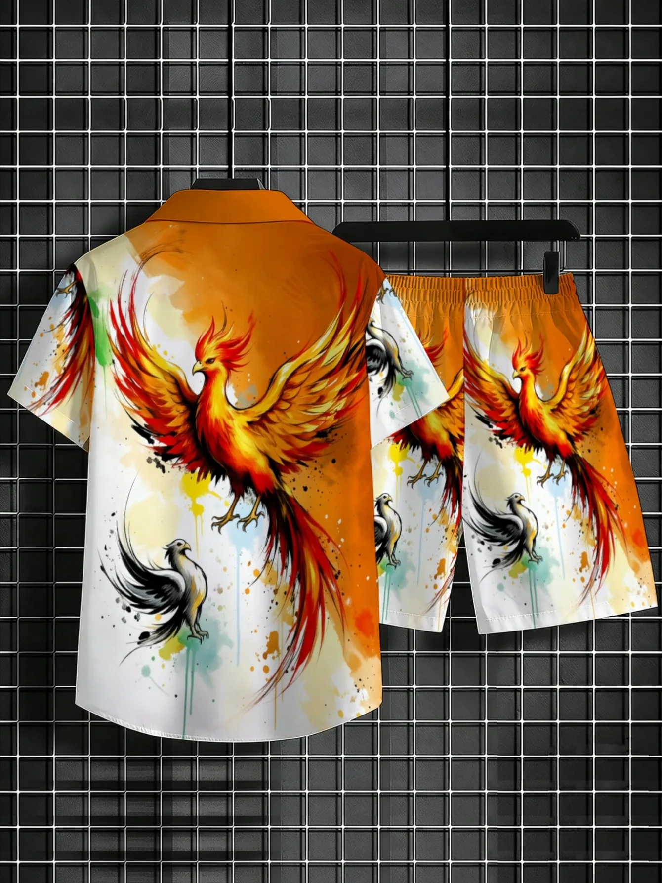 Oriental Phoenix Pattern Men Set Short Sleeve Button Shirt Drawstring Shorts Casual Vacation Outfit view 2