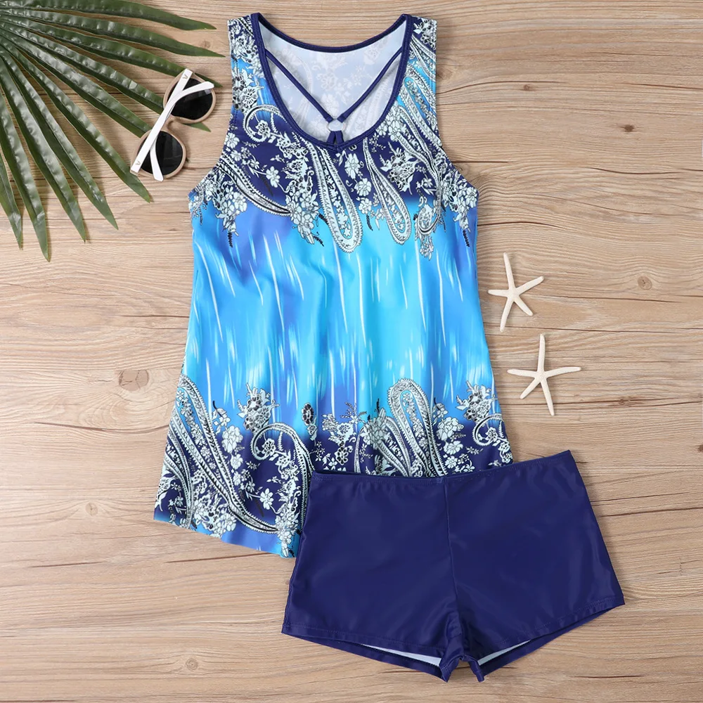 스포티 래쉬가드 탱키니 투피스 통기성 및 빠른 건조 여성용 운동 수영복 여름 블루 반바지 슈트 휴가용 탱키니