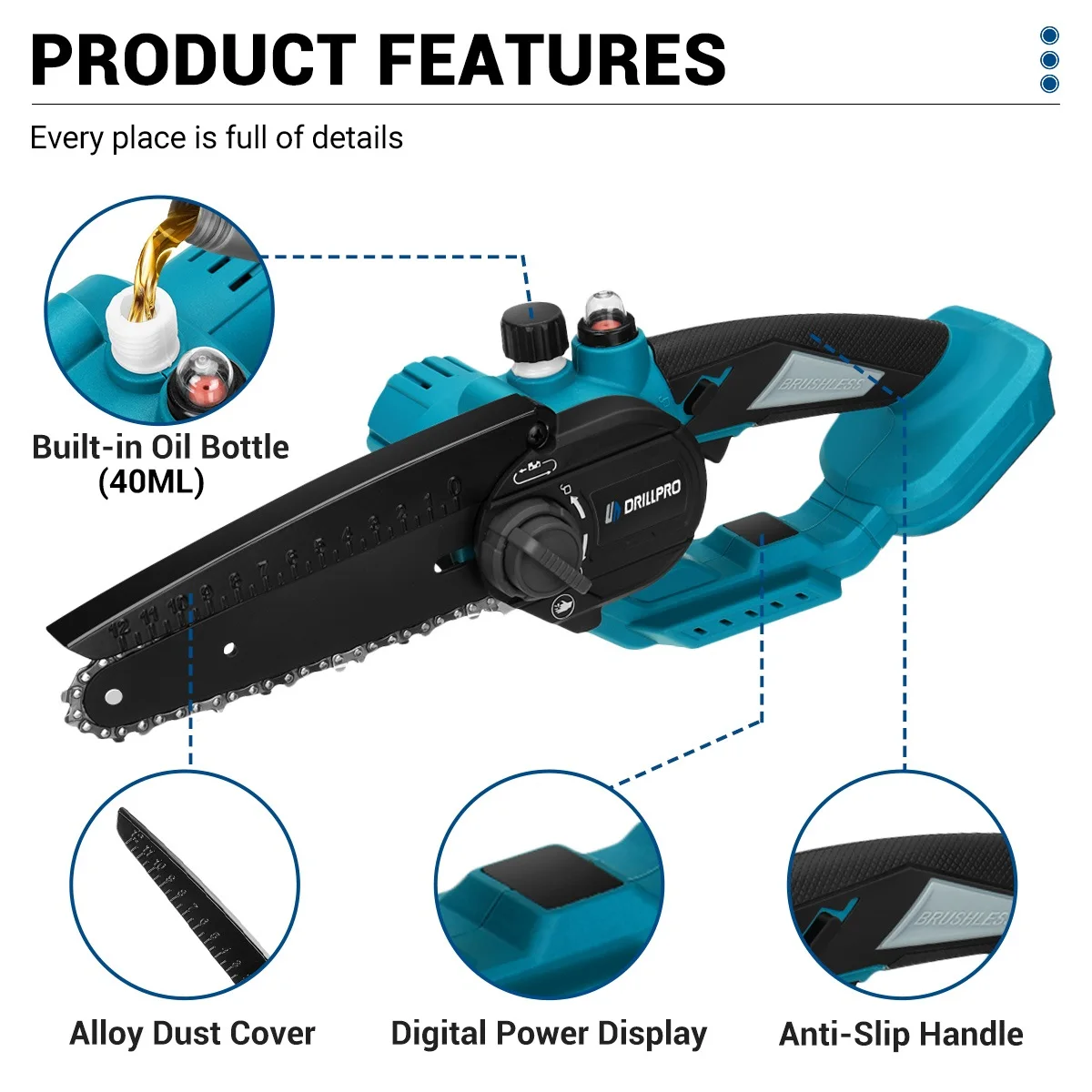 Drillpro-motosserra elétrica com tanque de óleo, 6 Polegada, 2000R/min, sem escova, velocidade variável, ferramenta para madeira para bateria Makita