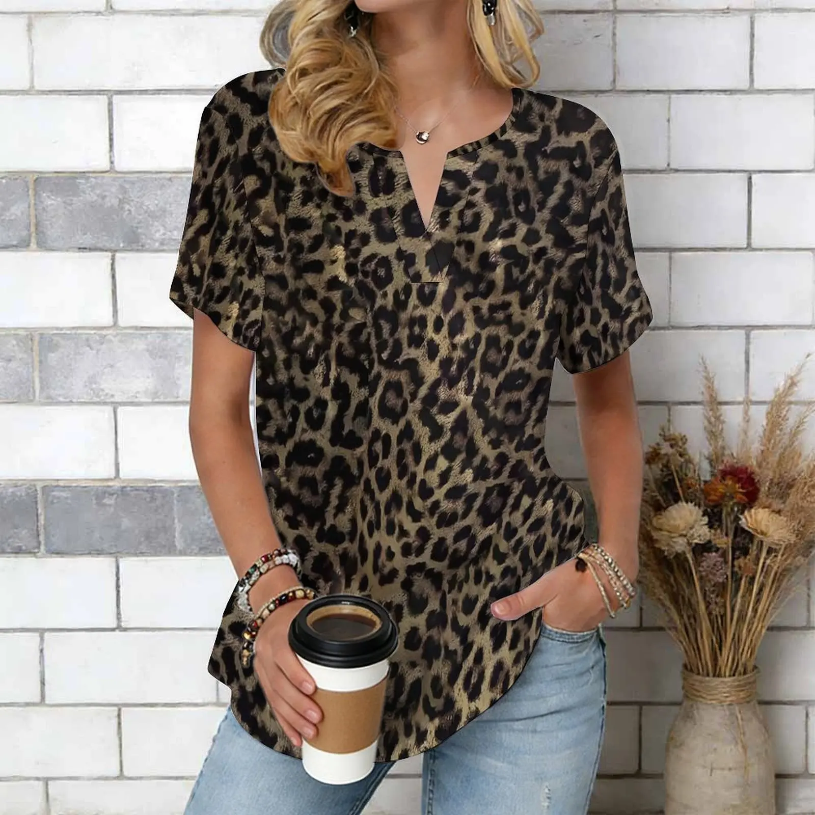 Women Print Notched V Neck Short Sleeve Casual Loose Tunic Tops
