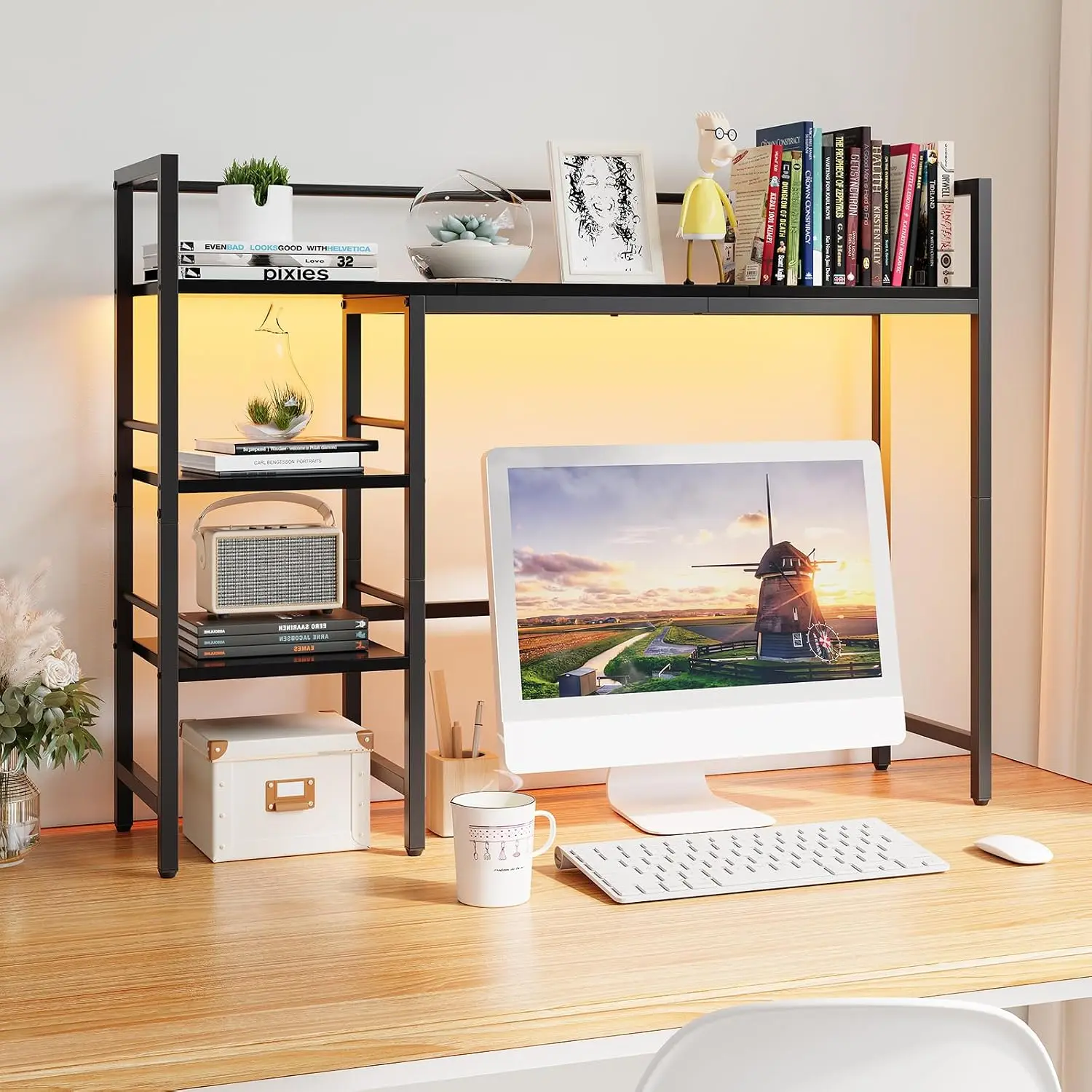 Desktop Organizer Wood Desktop Hutch Home Office Shelf All Season Black
