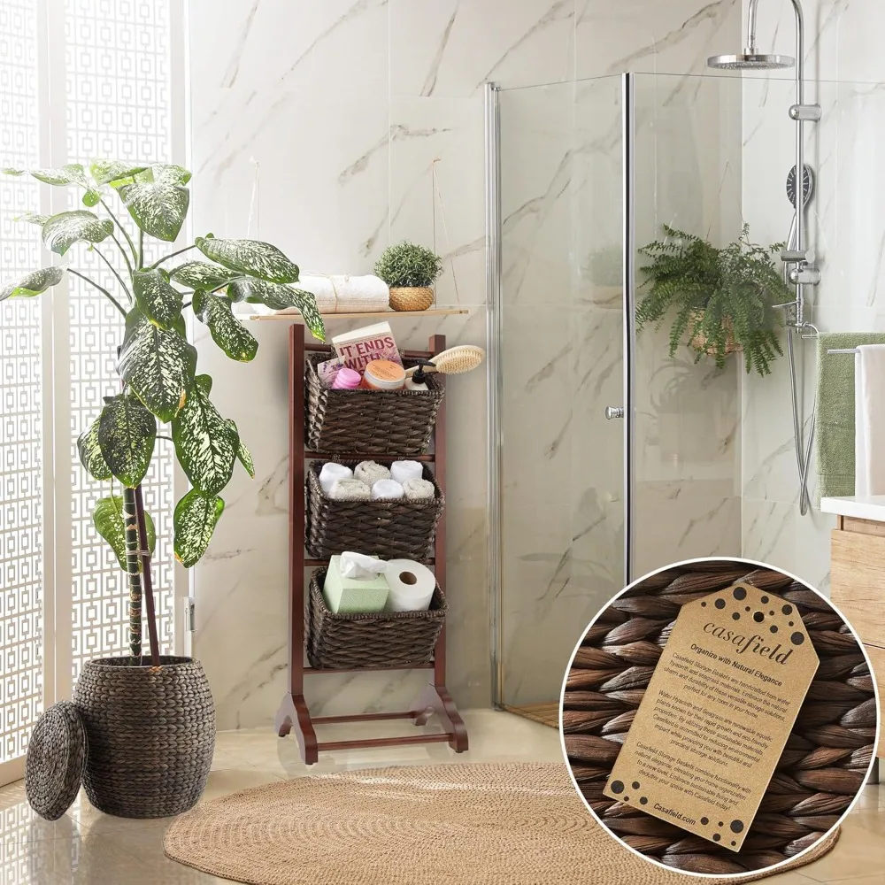 

Floor Stand with Water Hyacinth Storage Baskets, Walnut/Espresso - Standing Organizer Rack for Bathroom