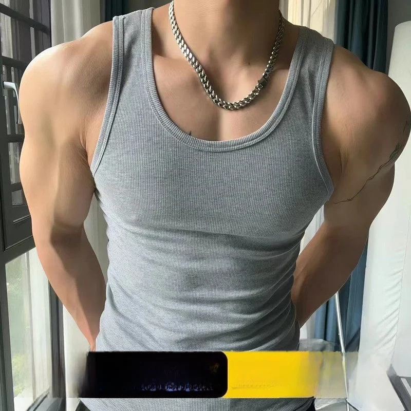Men's Summer Fitness Breathable Sleeveless Ribbed Tank Top Sweat Absorbent Quick Dry Muscle Enhancing  Color T-Shirt