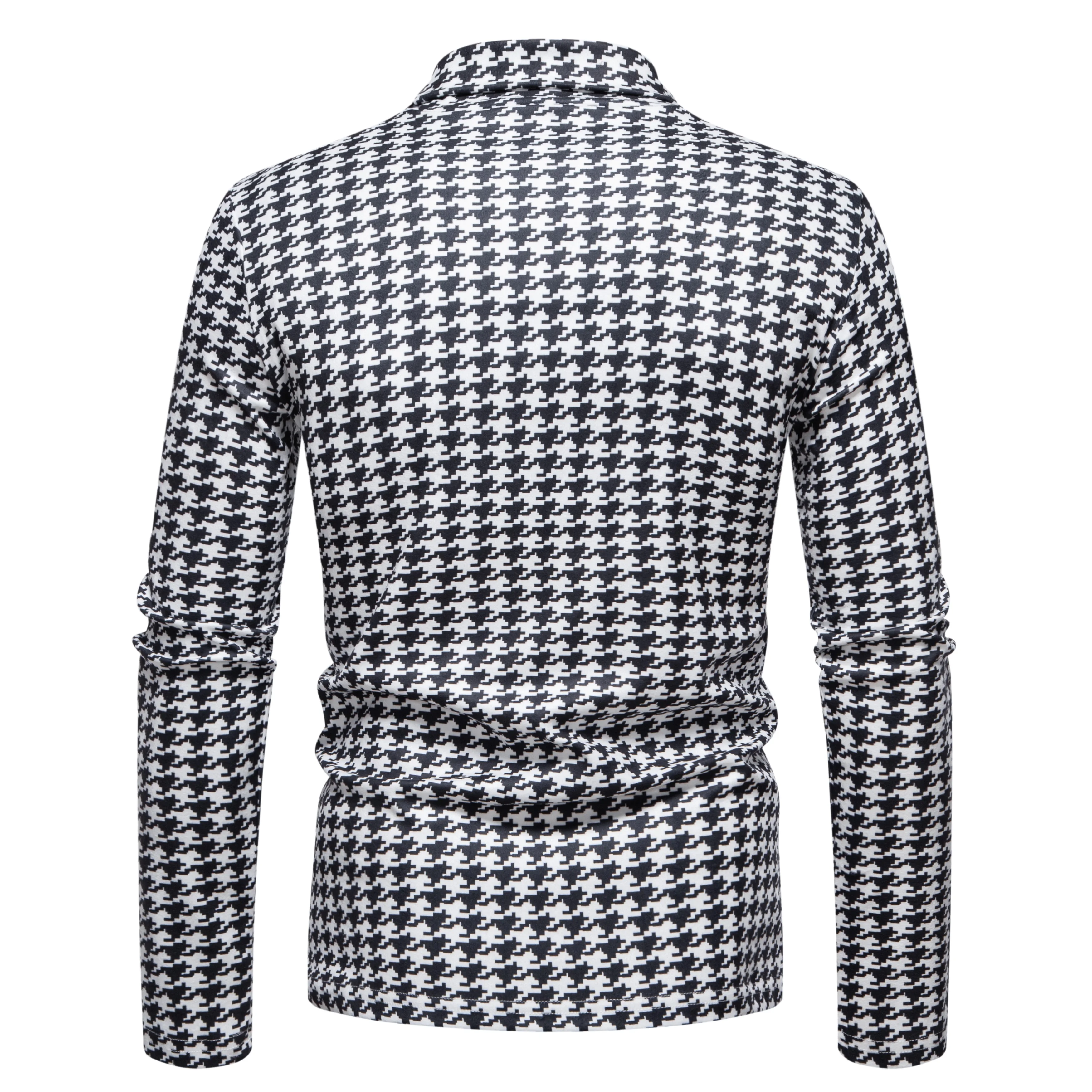 Men's Spring and Autumn Turtleneck Houndstooth Fleece Pullover Fashion Casual High Elasticity All-match Men's Shirt