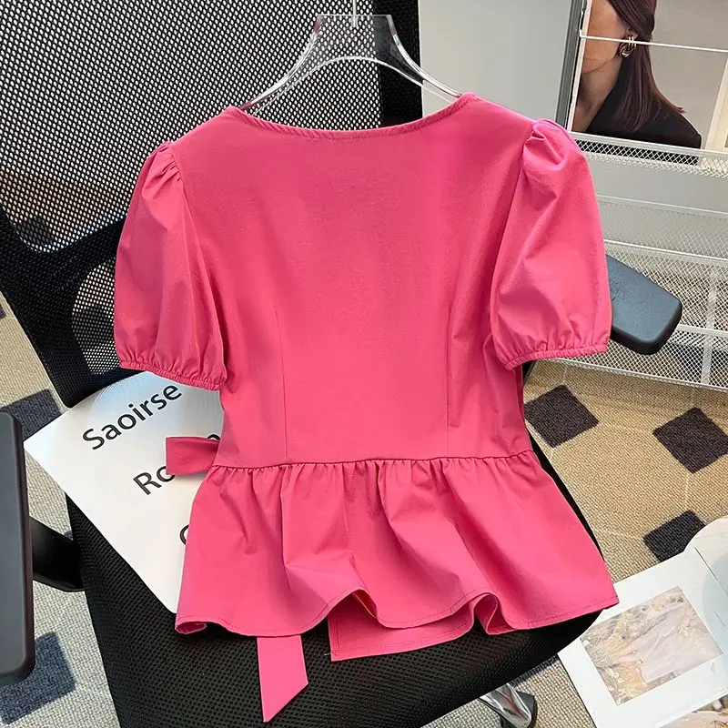 French shirt women's 2024 summer new design sense pleated side bow strap loose fashion temperament slim top. women tops