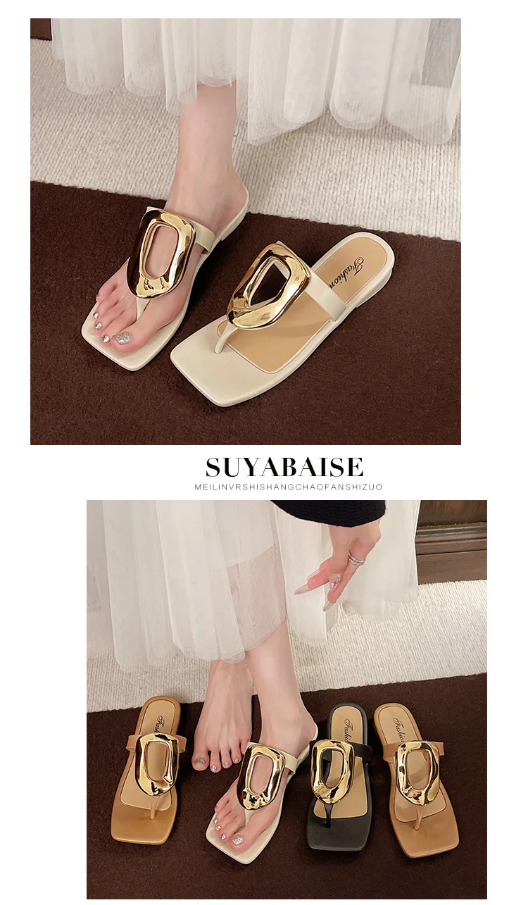 2026 Neue Damen-Flip-Flops mit eckiger offener Zehenpartie, einfarbig, vielseitig, mit Clip-Zehenriemen, flache Sandalen mit Metallschnalle für Damen – Detail 7
