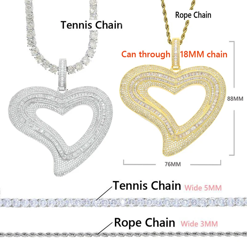 New Iced Out Big Hollow Heart Pendant Necklace Bling Rectangle CZ Cubic Zirconia Tennis Chain Charm Women Men Hip Hop Jewelry