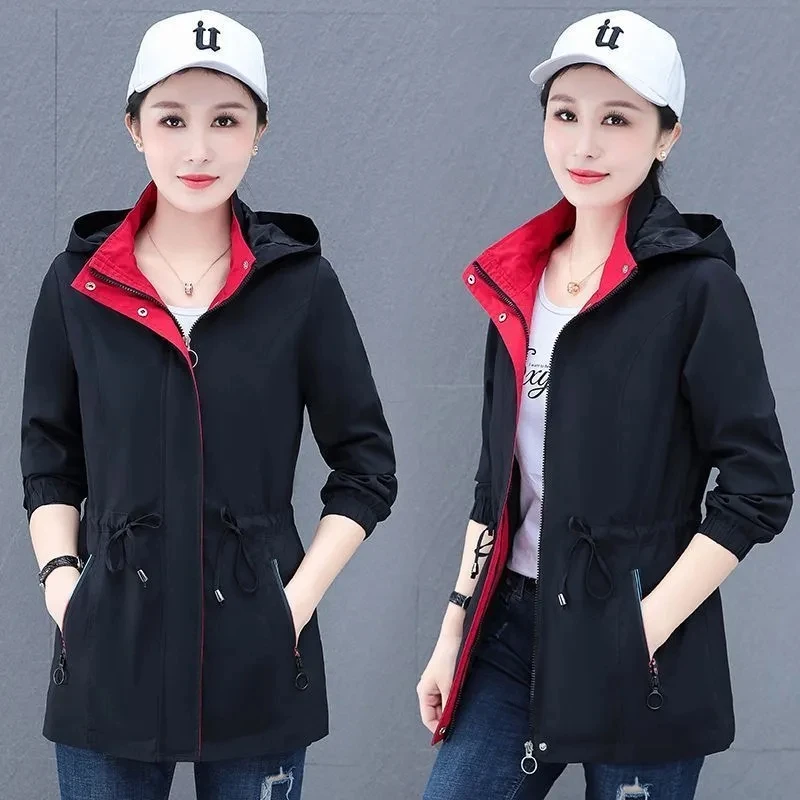 Spring Autumn Female Windbreaker New Solid Hooded Zipper Mid Length Velvet Winter Jacket Coat Women Outerwear Gabardina Mujer