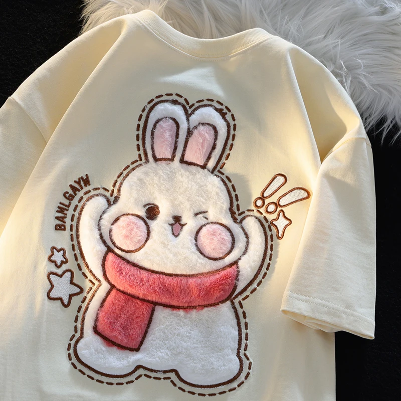 

Summer Vintage New Cute Bunny Embroidered Cotton Short Sleeve T-shirt Women's Cartoon Flocked Crewneck Loose Top Kawaii Tees