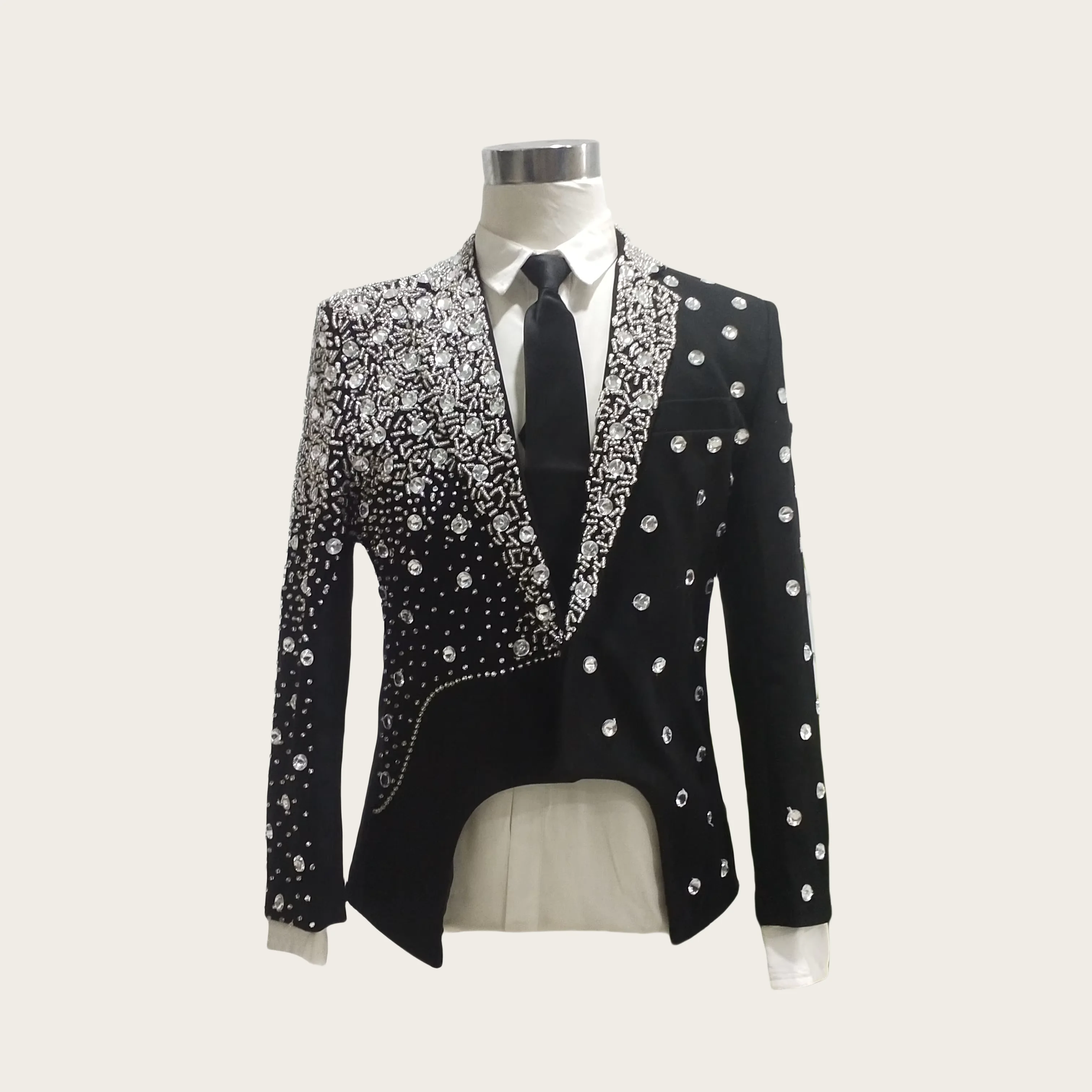 

Pure Handmade High Quality Men's Black Rhinestone Suit Jacket Black Slim Sewn Drilling Blazer Male Singer Stage Wear Host Dress
