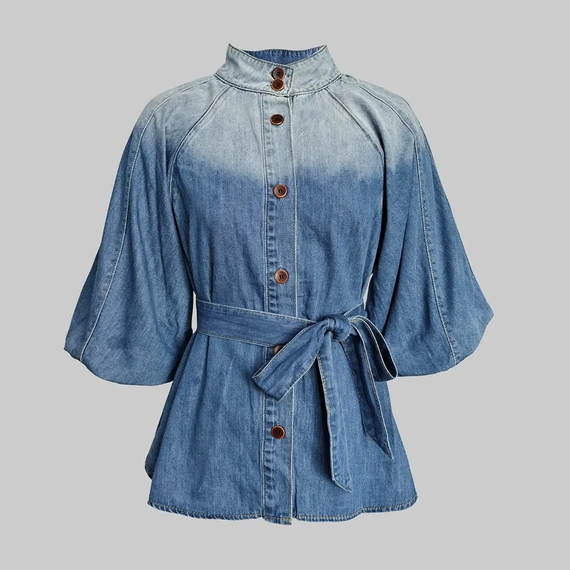 

UOOZEE Women's Fashion Washed Gradient Denim Belted Stand Collar Blouses 2026 New Puff Sleeves Buttoned Casual Trendy Shirt Tops