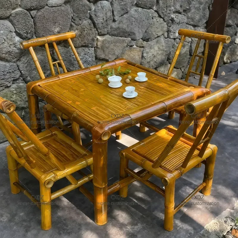 Handmade Bamboo Table and Chair Set Outdoor Courtyard Coffee Table with Fireplace Retro Premium Dining Furniture for Home Use