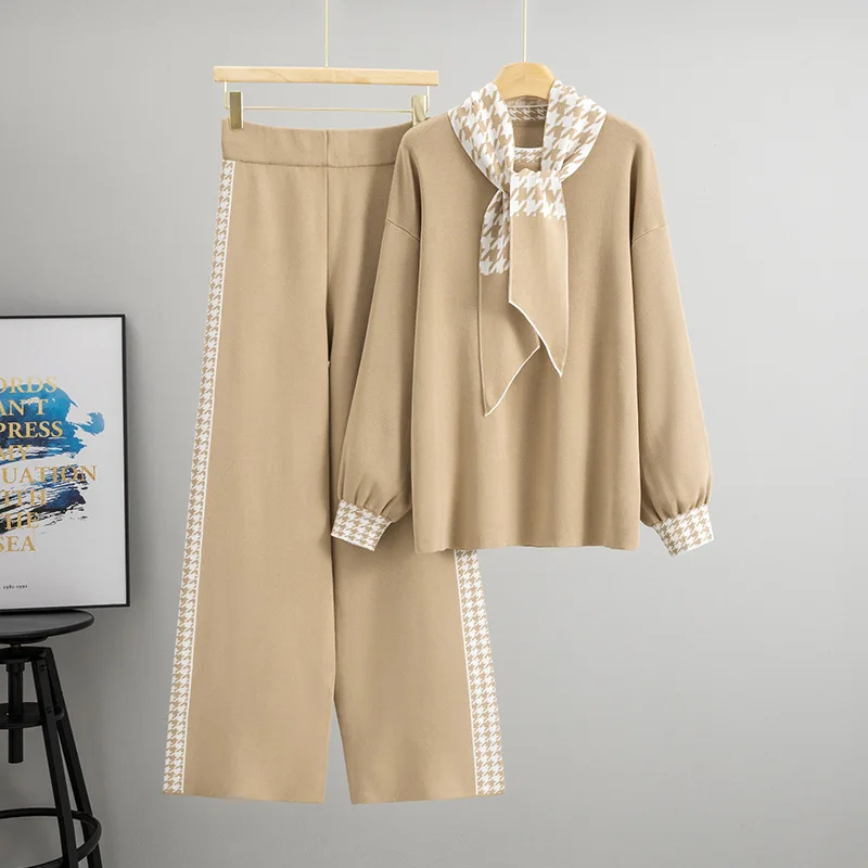

Fashion Knitted Set Women's Autumn/Winter New Collection Sweater Wide Leg Pants Scarf Temperament 3-Piece Set