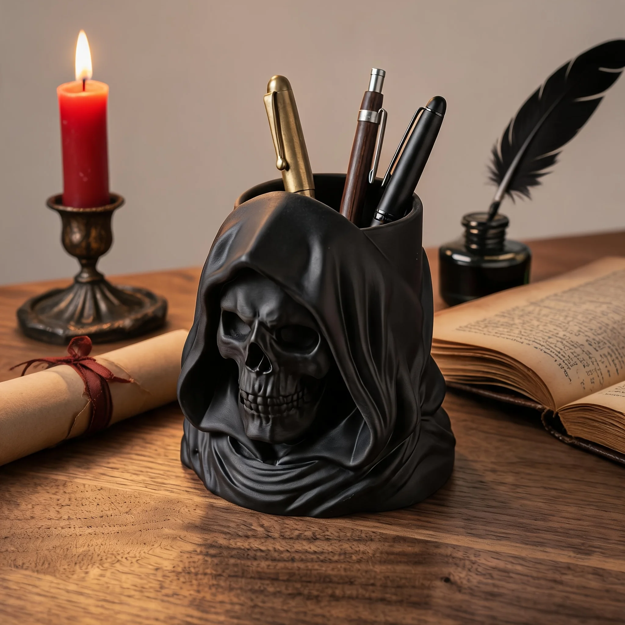 Vintage Gothic Reaper Figurine Pen Holder Multifunction Desktop Stationery Storage Decor for Study Office Gift for Students