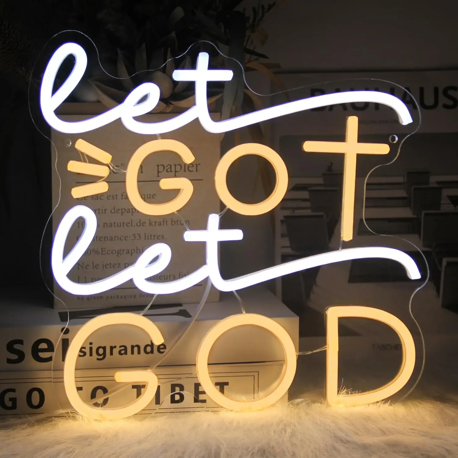 Let Go Let God Neon Sign LED Wall Art Cross Christian USB Powered Dimmable Light Prayer Room Bedroom Church Inspirational Decor