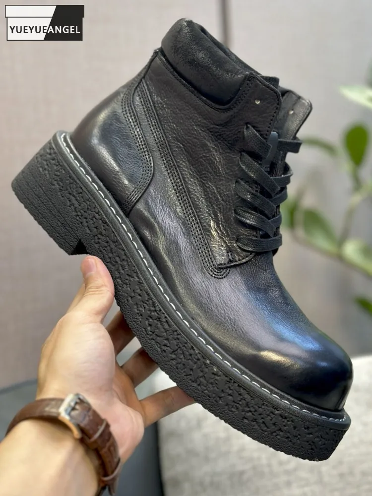 

New Men Retro Comfortable Genuine Leather Round Toe Keep Warm Ankle Boots Winter Thick Platform Cowhide High Top Shoes Footwear