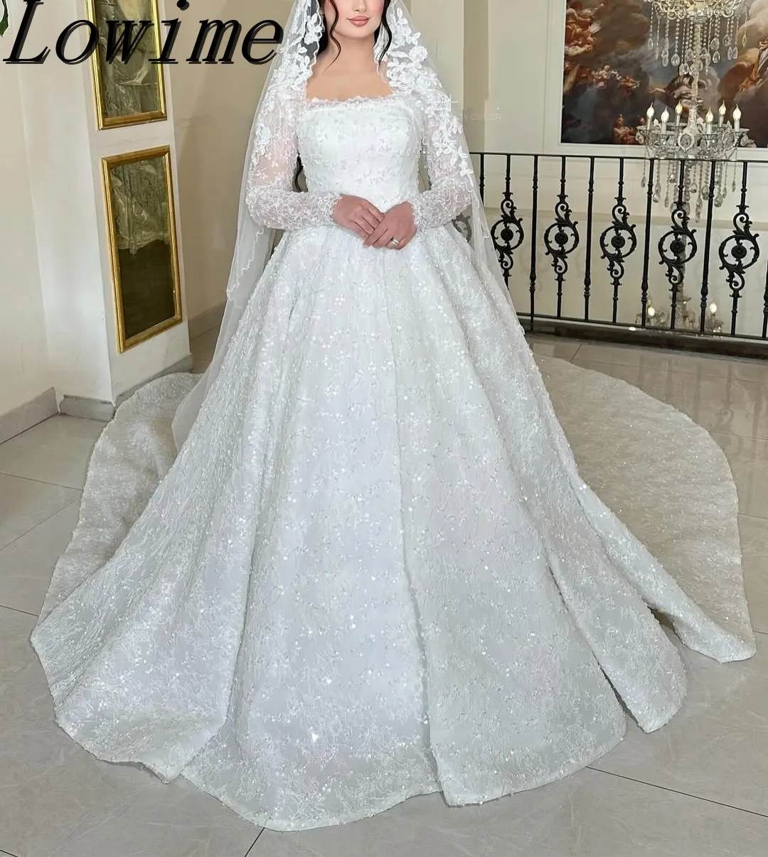 

Middle East Luxury Wedding Dresses Square Neckline Long Sleeves Brides Dresses Chapel Elegant Wedding Gowns Vestido De Casamento