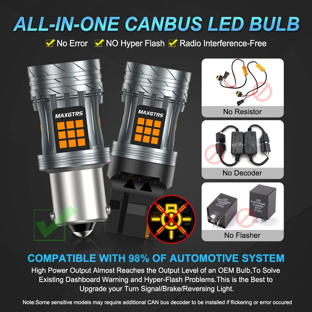 2x 1156 BA15S P21W Bau15s PY21W LED Canbus No Error/Hyper Flash T20 7440 W21W LED Indicator Bulb Car Turn Signal Light Amber