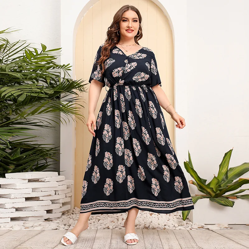 Vintage Printed Dress Women Plus-size Flower Short Sleeve Robes V-neck Vacation Long Dress Summer Casual Loose Abayas for WomenN