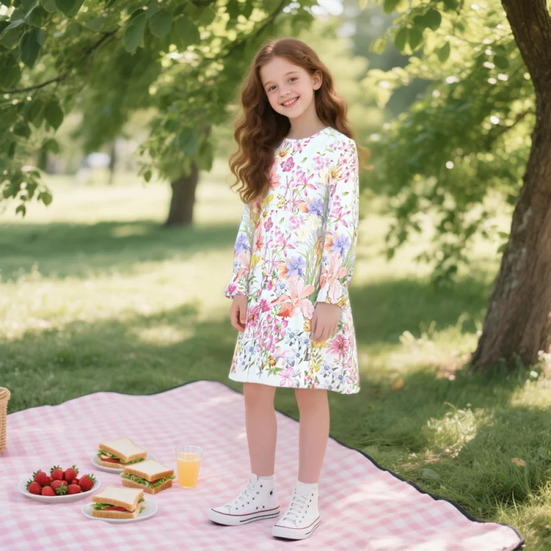 Girls' Long Sleeve Floral Print Dress - Cute Casual Picnic Outfit for Kids