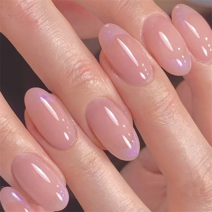 

24Pcs/Set Aurora Pink Oval Fake Nail Art Removable Premium Feeling Acrylic Wearing False Nails Simple Solid Colour Press on Nail