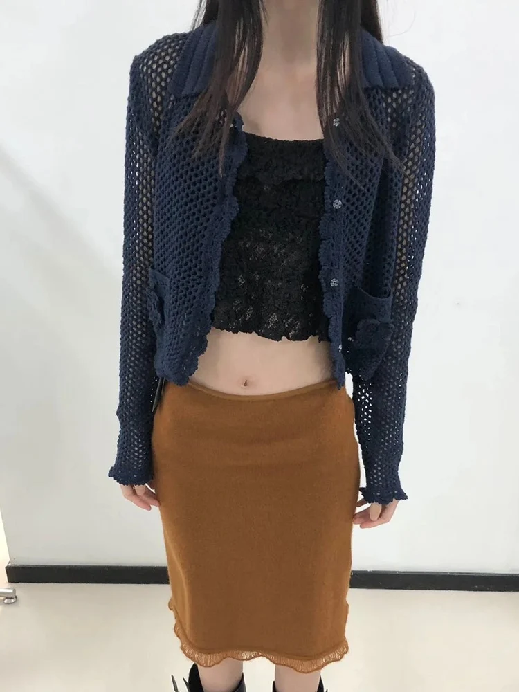 Ele European Sle Вязаный открытый кардиган с вырезом Легкий цветочный дизайн Мягкий сладкий длинный воротник све