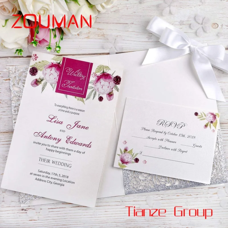 Custom , Popular style sliver custom logo printed thank you cards with ribbon envelopes custom for wedding invitation