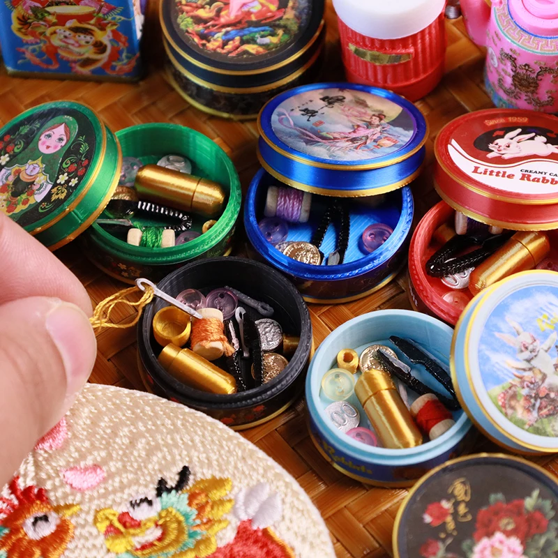 1set Dollhouse Miniature Vintage Sewing Needlework Needle Kit Box Sewing Machine For Doll House Decor Toys