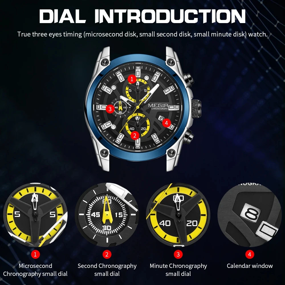 MEGIR Men's Quartz Watch Top Brand Luxury Rubber Band 3ATM Water Resistant Business Chronograph Mens Sports WristWatches 2144