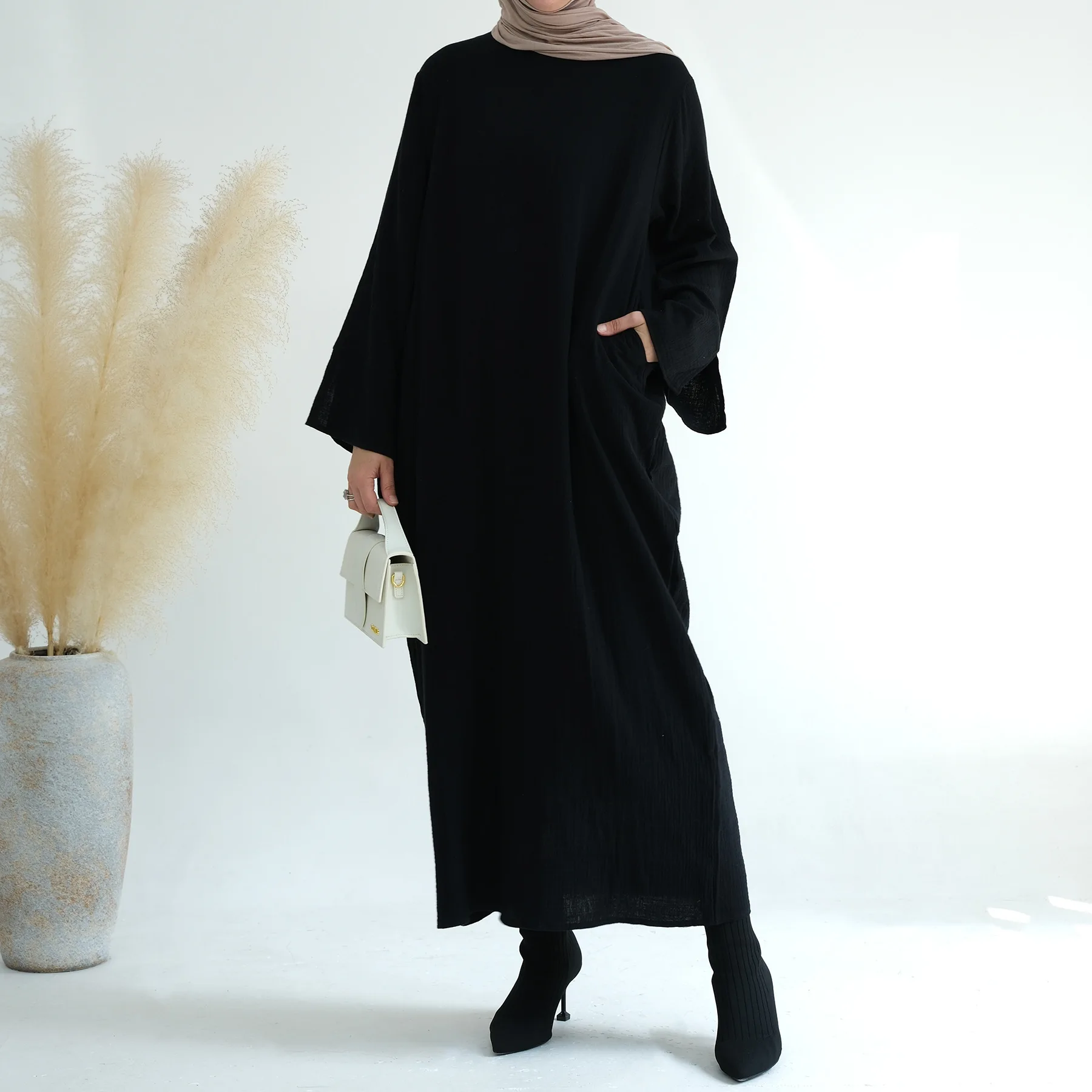 Manica intera turco modesto Abaya abito lungo O collo 100% cotone donna musulmano marocchino caftano Jalabiya Islam Dubai abiti tasche