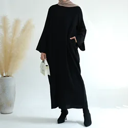 Manica intera turco modesto Abaya abito lungo O collo 100% cotone donna musulmano marocchino caftano Jalabiya Islam Dubai abiti tasche