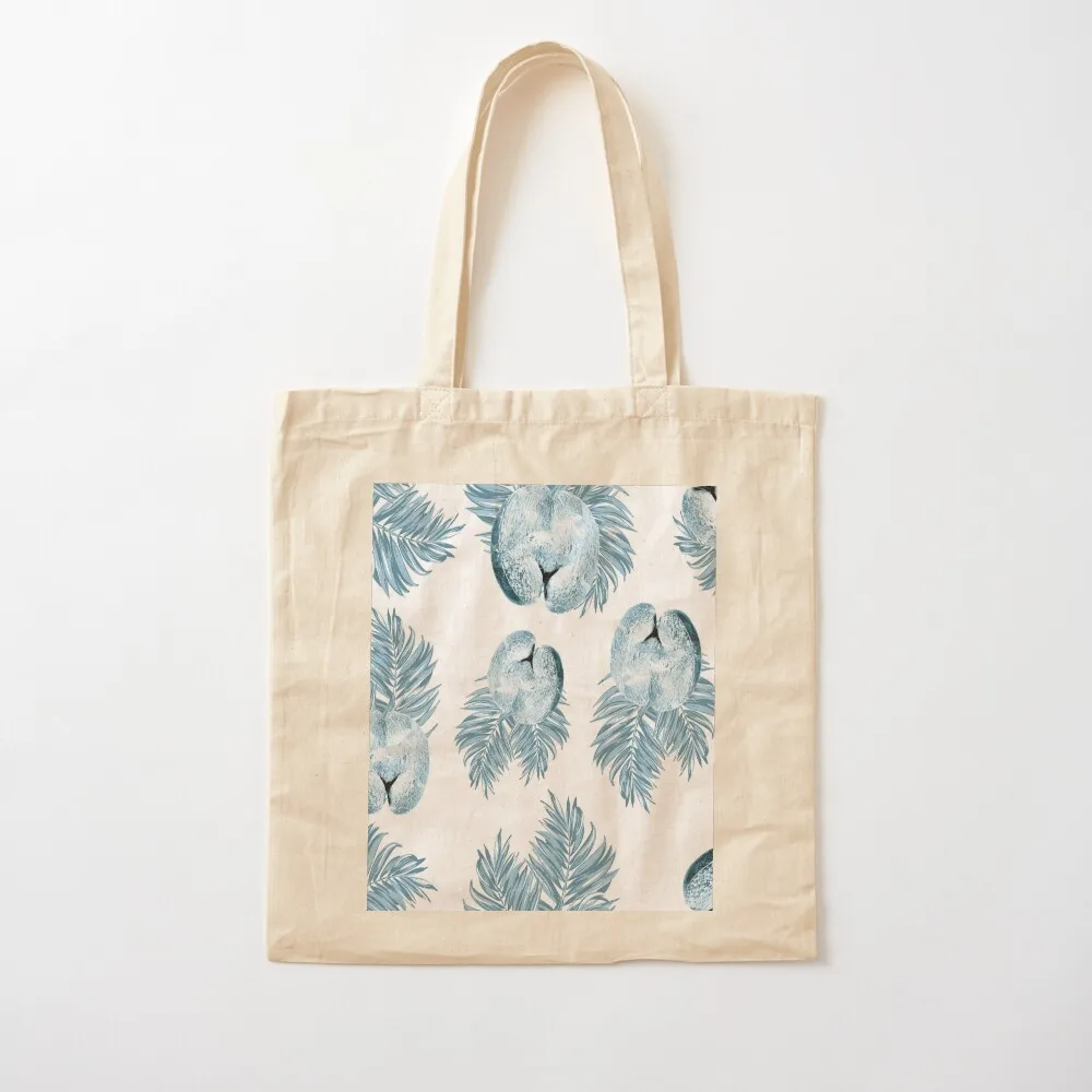 Tropical Serenity: Coco de Mer Fabric with Oceanic Blue Tint from Seychelles Tote Bag