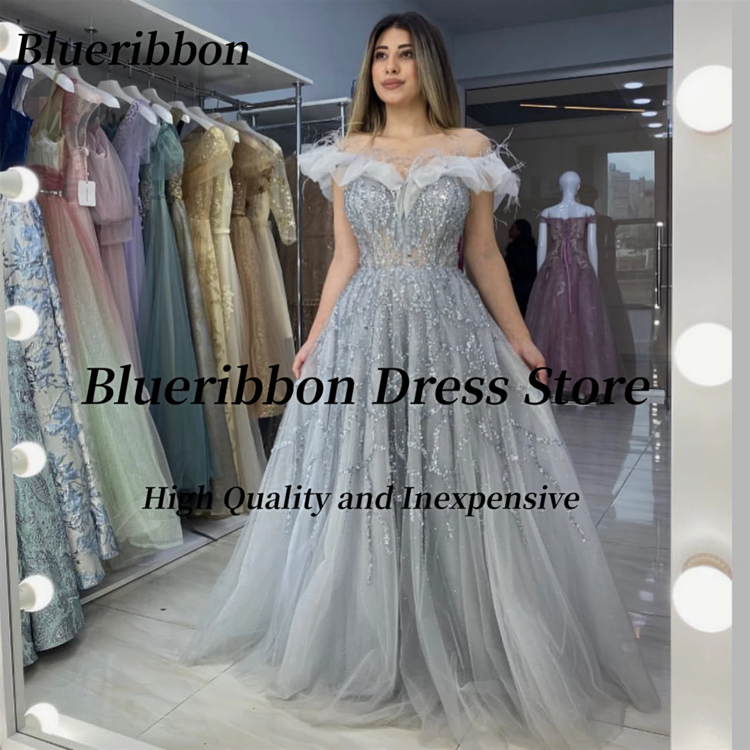 Blueribbon vestidos de baile personalizados com penas frisadas fora do ombro vestidos de noite rendas até voltar dubai festa arábia saudita feminino