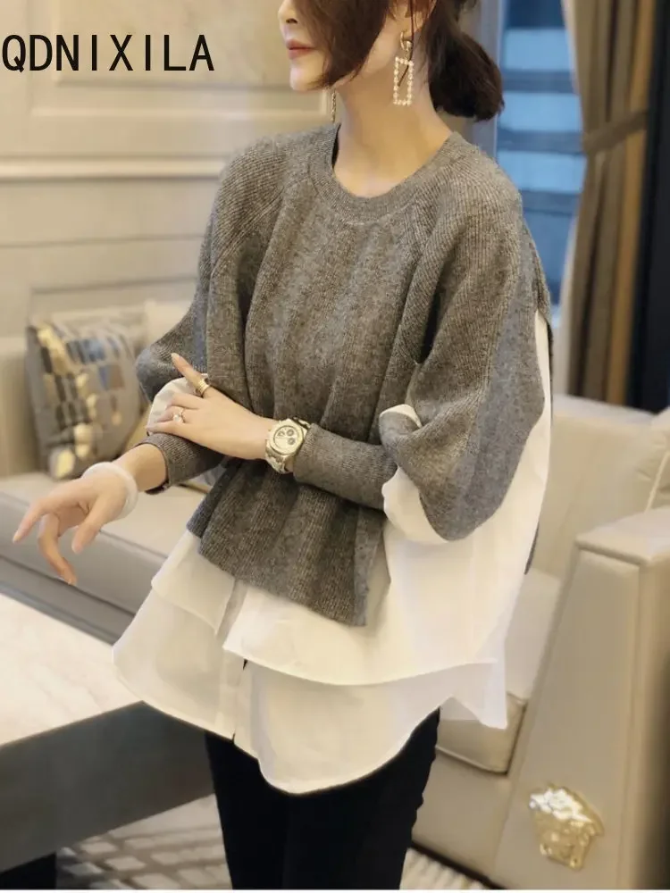 New Women\'s Sweater Splice Shirt Fake Two Fashionable Korean Fashion Women\'s Shirts Pullover Long Sleeve Top 2024 Spring Autumn