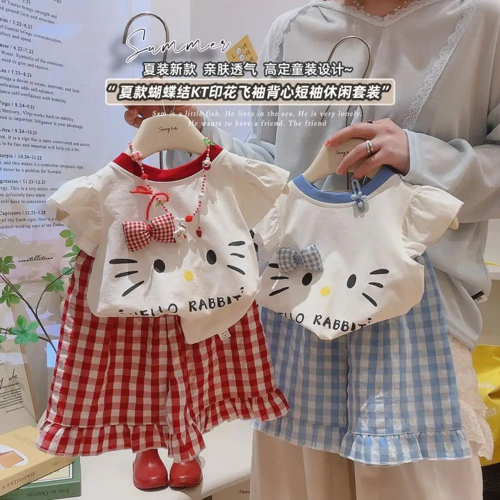 

Sanrio Hello Kitty T-Shirt Sets Girl Shirt Kawaii 3D Cartoon Children Short Sleeve Tops Bottom Clothes Set Summer Skirt Pants