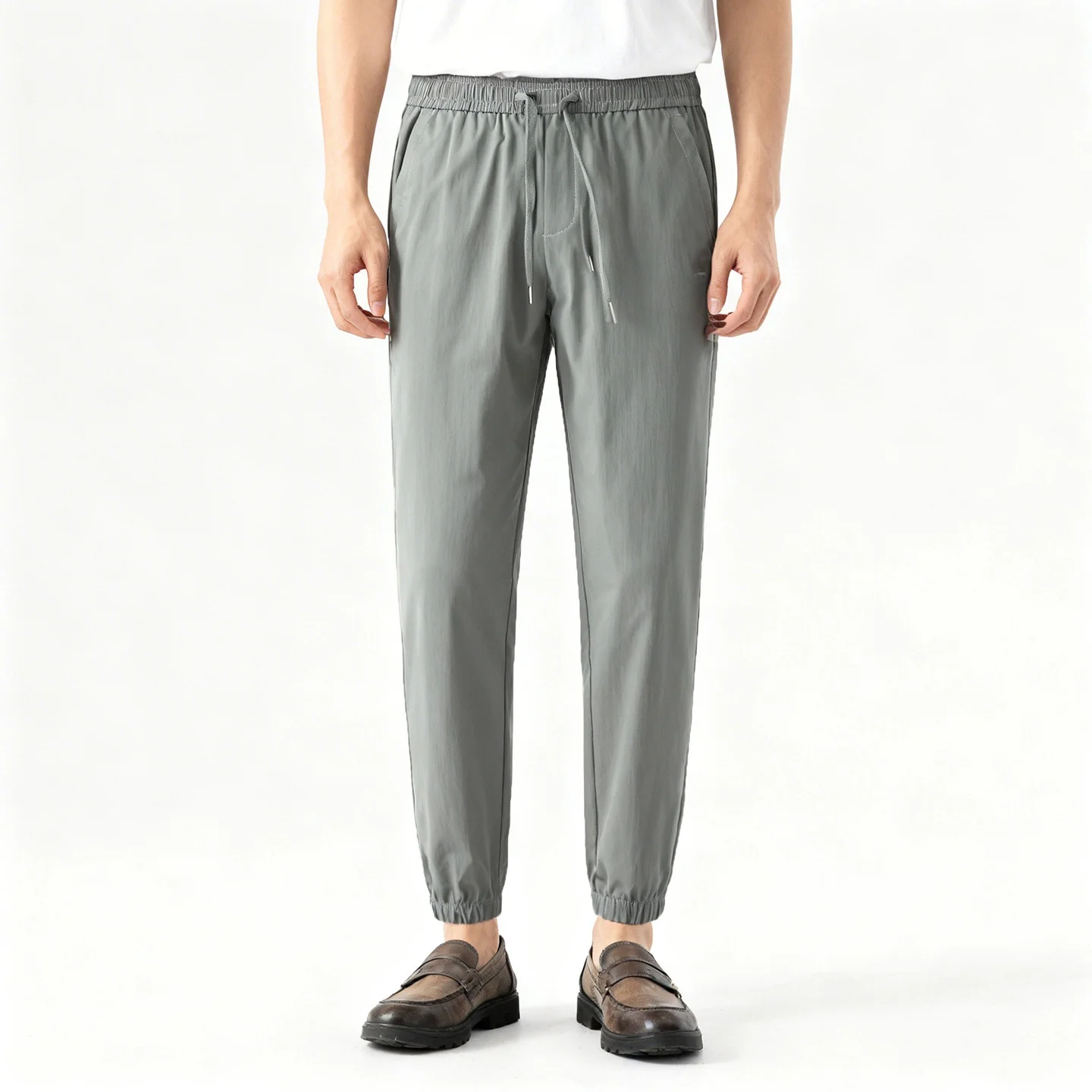 

Qui Dry Ice Silk Men's Sport Pants High Elastici Casual Nine Point Loose Fit Straight Leg mid Waist Polyester Fiber